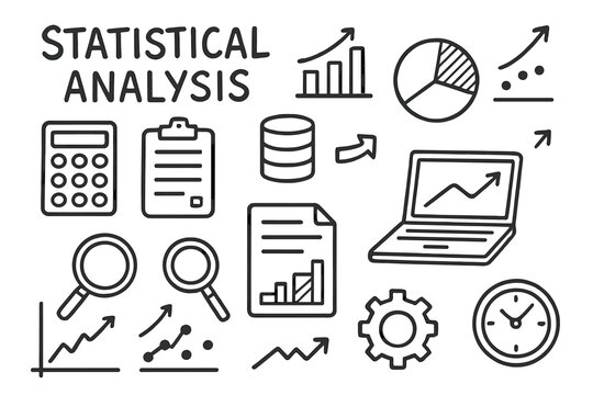 Statistical Analysis Doodle. Hand-drawn doodle illustration Statistical analysis, bar chart, pie chart, line graph, scatter plot, calculator, clipboard,