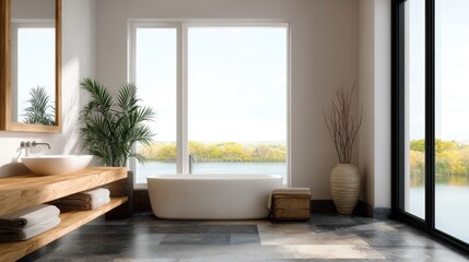 Fototapeta premium Bright and Modern Bathroom Design with Large Windows and Clean Aesthetic