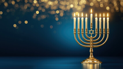 Fototapeta premium Menorah lit for Hanukkah in a dim room, created AI