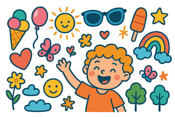 Sunny Ice Cream Joy. Colorful Hand-drawn doodle Children illustration Ice Cream and Sunshine [ice cream cone, popsicle, sun, sunglasses, balloon, child, star,