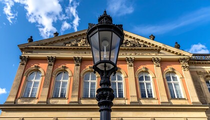 Ornate building facade, classical lamppost