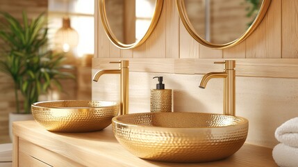 Two hammered gold washbasins and matching faucets in a light wood bathroom.