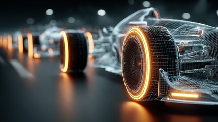 Abstract race car with glowing orange tires on a dark reflective surface.
