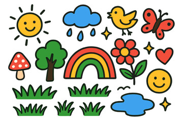 Vibrant Nature Doodle. Colorful Hand-drawn doodle Children illustration Rainbow in Nature rainbow, flower, tree, sun, rain, cloud, bird, butterfly, mushroom,