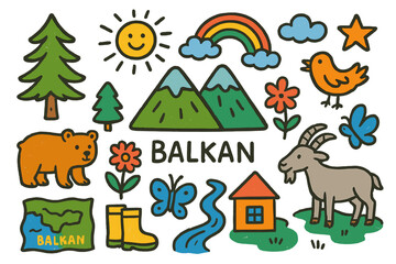 Naklejka premium Balkan Mountains Doodle. Colorful Hand-drawn doodle Children illustration Balkan Mountains [mountain, pine tree, flower, bear, goat, star, rainbow, sun, cloud,