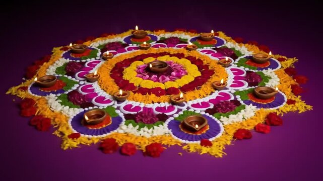 Vibrant Rangoli with Diya Lamps for Festive Celebrations.