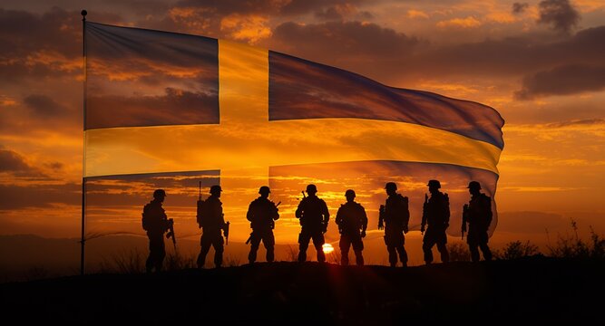 Silhouetted Soldiers Standing Against a National Flag at Sunset Dramatic Patriotism Image