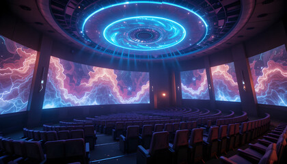 Immersive planetarium experience with cosmic visuals and comfortable seating