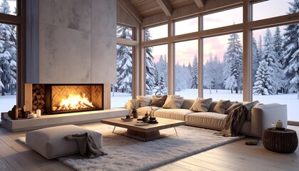 Cozy winter cabin living room with fireplace and snowy forest view