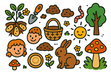 Naklejka premium Playful Forest Harvest. Colorful Hand-drawn doodle Children illustration Earthnut tuber, leaves, small flowers, digging trowel, soil clumps, worm, smiling