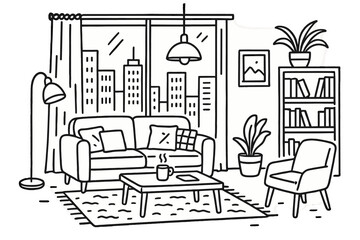 Modern Apartment Doodle. Hand-drawn doodle illustration [modern urban apartment interior with large windows] [sofa, coffee table, rug, floor lamp, bookshelf,