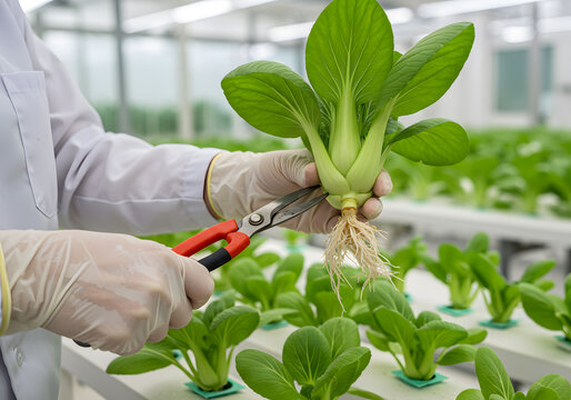 Hydroponic bok choy plant trimming - Powered by Adobe