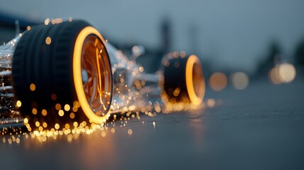 Car wheels with glowing rims moving on asphalt road at night.