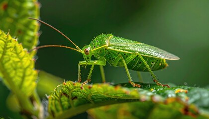 Fototapeta premium Close Up Of Vibrant Green Shield Bug On Leaf With Detailed Texture And Brown Legs Against Out Of Focus Green Background