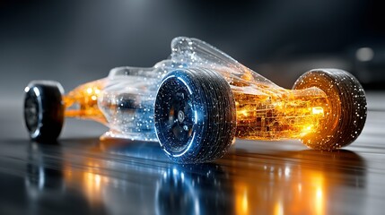 Abstract glowing race car model with blue and orange light on reflective surface.