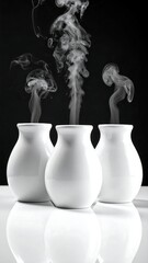 Three white ceramic vases with swirling smoke
