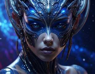 Close-up portrait of a stylized female figure