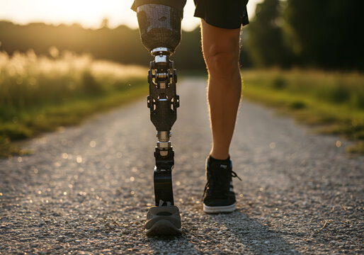 Person with prosthetic leg outdoors