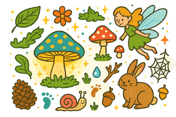 Enchanted Forest Floor. Colorful Hand-drawn doodle Children illustration Magical Forest Floor glowing mushroom, fairy, leaf, flower, sparkling dust, moss,