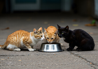Street cats eating outdoor