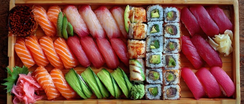A wooden tray beautifully presents assorted sushi including nigiri and maki rolls featu tuna, salmon, avocado and other fresh ingredients.