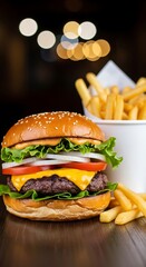 A delectable cheeseburger and french fries, presented on a wooden surface, with a blurred background of lights, highlighting the food's appeal.