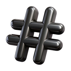Metallic Hashtag Symbol Glossy Render on Transparent Background for Design
