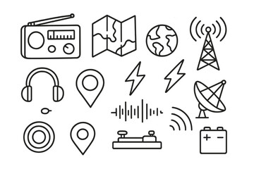 Radio Communication Doodles. Hand-drawn doodle illustration [shortwave radio communication] portable radio, map icon, antenna tower, tuning knob, world globe,