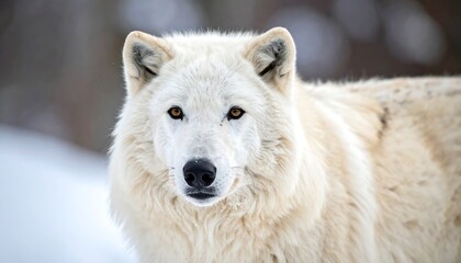 Close-up portrait of a white wolf in snowy woods