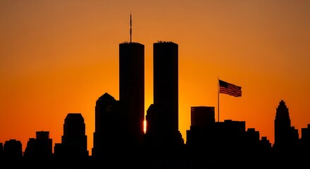 Sunrise Silhouette of Twin Towers and Cityscape with American Flag