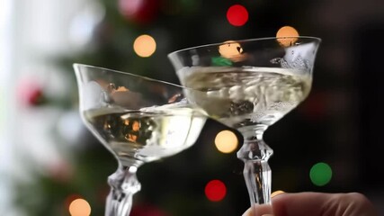 Two hands holding champagne glasses clinking in celebration with blurred festive lights in the background - Powered by Adobe