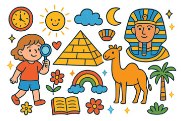 Naklejka premium Exploring Ancient Egypt. Colorful Hand-drawn doodle Children illustration Exploring Ancient Egypt pyramid, pharaoh, camel, clock, sun, star, rainbow, sparkles,