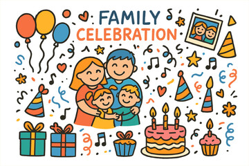 Naklejka premium Joyful Family Party. Colorful Hand-drawn doodle Children illustration Family Celebration cake, balloons, party hats, presents, smiling faces, confetti,