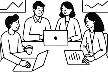Business people in a meeting with laptops and charts on white background teamwork collaboration