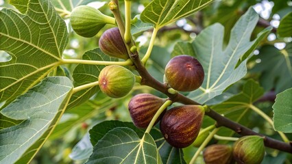 Fresh ripe figs growing on the branch of a fig tree, surrounded by broad green leaves, symbolizing organic farming and nature’s bounty