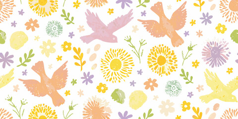 Whimsical watercolor birds and flowers seamless pattern in pastel colors
