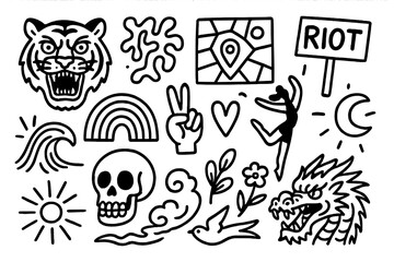 Fototapeta premium Street Art Doodles. Hand-drawn doodle illustration [street art inspirations] tiger face, abstract shape, city map, protest sign, peace hand, dancer pose,