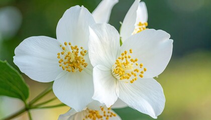 Close Up of White Jasmine Flowers with Yellow Stamens and Green Leaves in Natural Light Macro Shot