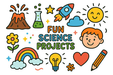 Naklejka premium Fun Science Doodle. Colorful Hand-drawn doodle Children illustration Fun Science Projects volcano experiment, test tube, beaker, rainbow liquid, sparkles,