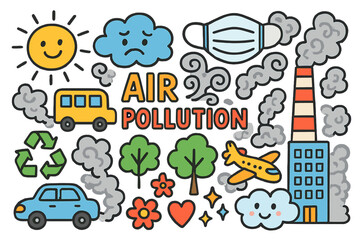 Air Pollution Doodles. Colorful Hand-drawn doodle Children illustration Air pollution car, bus, smokestack, building, smoke swirl, mask, sun, cloud, recycling