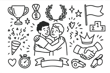 Obraz premium Triumphant Sports Celebration. Hand-drawn doodle illustration Sports Win Embrace [two athletes hugging, trophy, medal, laurel wreath, star, sparkle, flag,