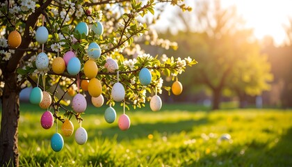 Easter eggs on a blossoming tree