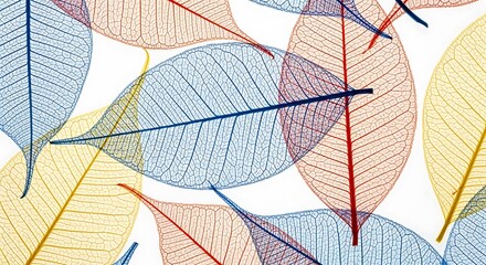 Vibrant, colorful, translucent leaves with intricate vein patterns create an abstract, artistic design on a white background.