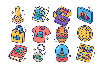Souvenir Icon Collection. Colorful isometric vector icons set of Souvenirs and Keepsakes: miniature monument, postcard set, local candy box, magnet with