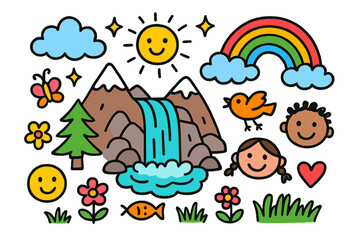 Fototapeta premium Whimsical Nature Scene. Colorful Hand-drawn doodle Children illustration Mountain Springs waterfall, rocks, pine tree, snowcap, rainbow, sun, cloud, sparkles,