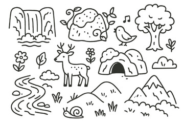 Hidden Valley Doodle. Hand-drawn doodle illustration Hidden Valley waterfall, moss rock, vine, deer, tree, flower, cave, stream, fog, bird, hill, grass,