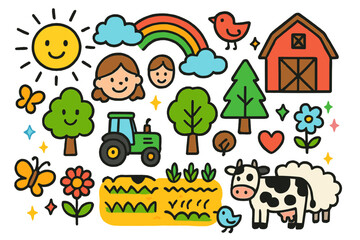 Fototapeta premium Whimsical Farmland Delight. Colorful Hand-drawn doodle Children illustration Farmland Conservation trees, crops, tractor, barn, rainbow, sun, clouds, heart,