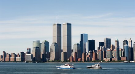 Twin Towers Skyline with Ferry Boats and Cityscape