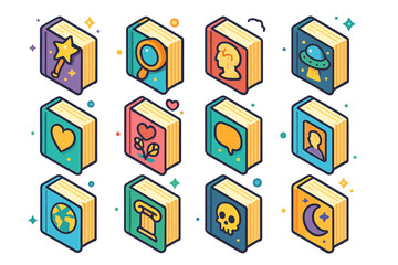 Colorful Bedtime Book Icons. Colorful isometric vector icons set of favorite bedtime book genres: fantasy novel, mystery thriller, historical fiction, science
