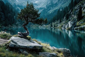 Twisted pine on rocky shore of serene alpine lake